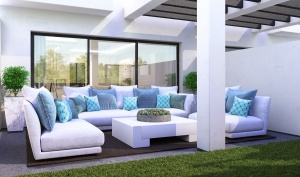 Infografia, diseño del terraza en blancos y turquesa